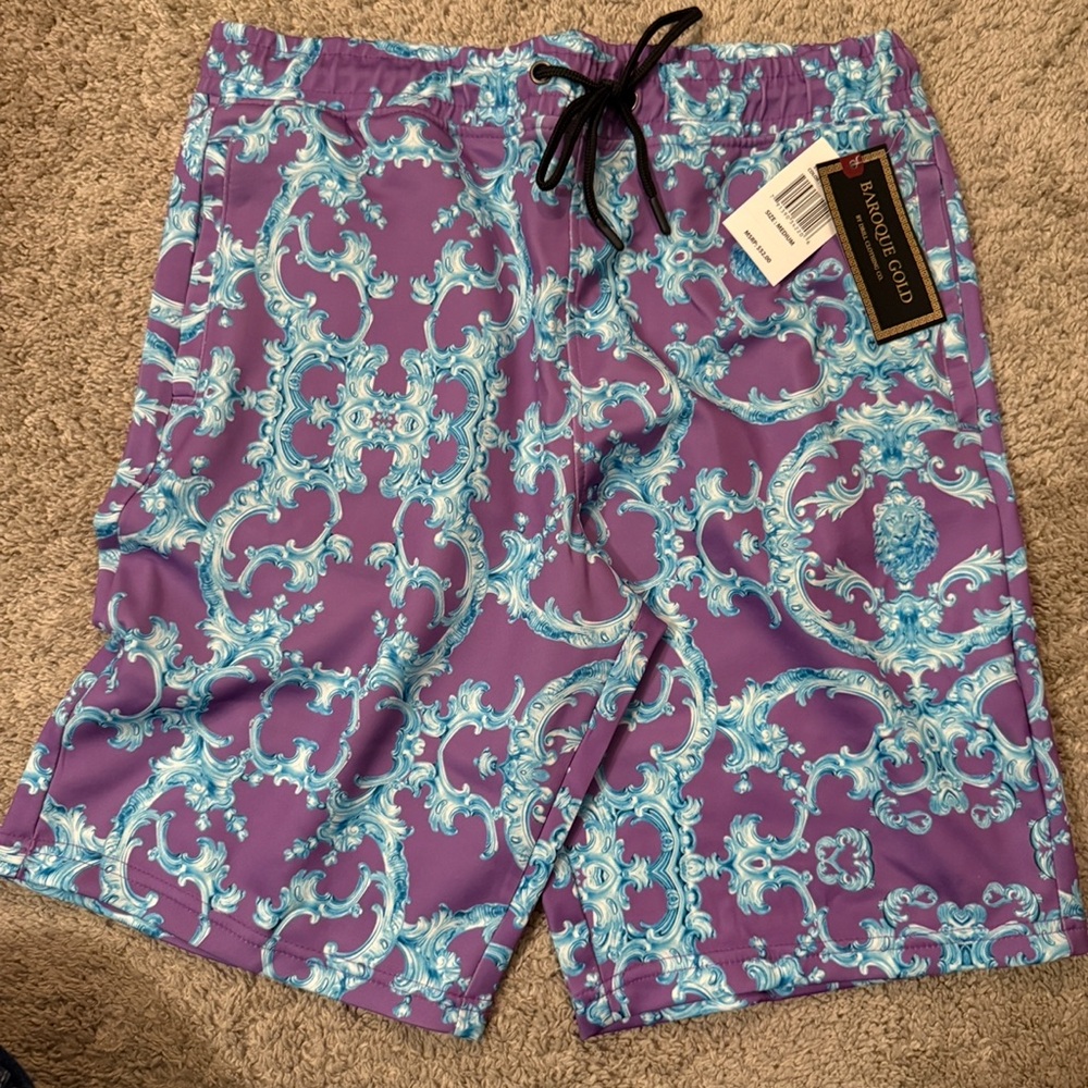 Designer Athletic Shorts in Purple and Blue Pattern